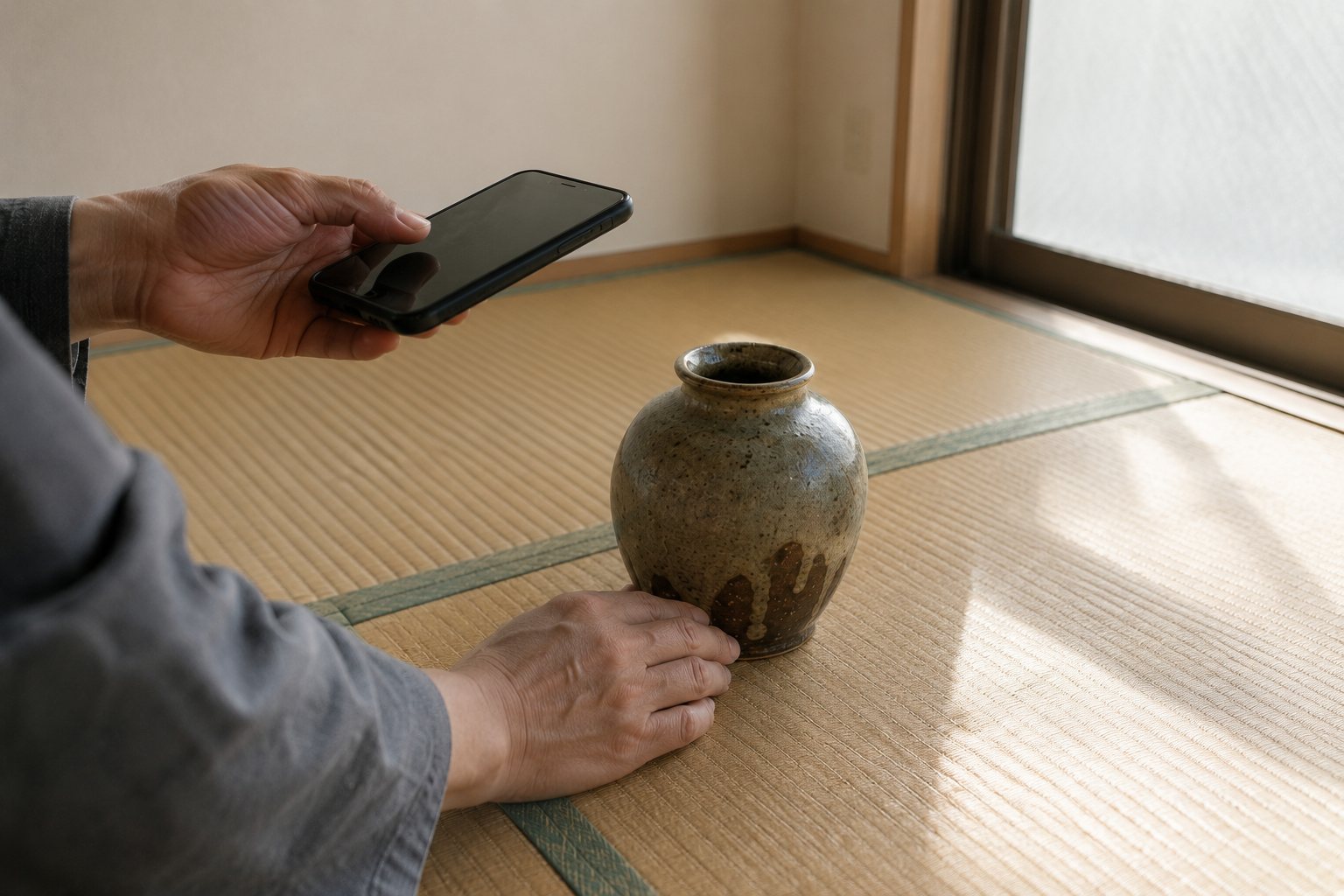 畳の上の壺をスマートフォンで撮影する